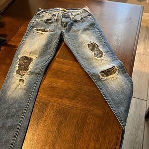 True Religion Casey Low Rise Super Skinny Silver Sequin Patch Jeans, Size 26